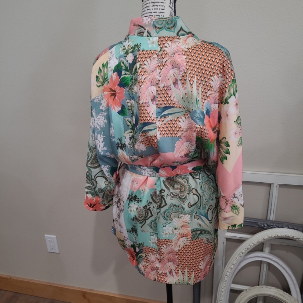 Zara‎ Women's SZ Sm. Satin Floral tie kimono jacket green orange Coral lined - Picture 6 of 10